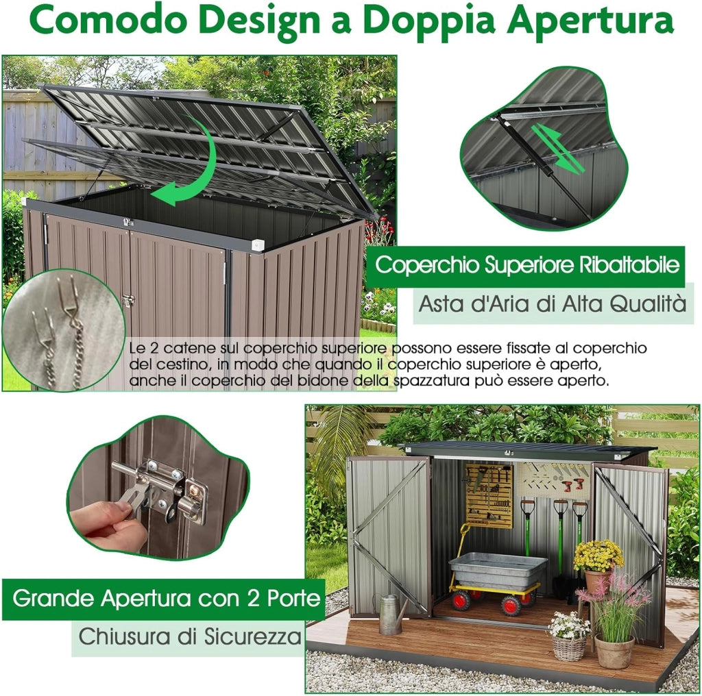 Casetta per Spazzatura Esterna, Capanno da Giardino Bloccabile con Doppie Aperture, 2 Porte e Struttura in Metallo Zincato, Ripostiglio per Patio e Cortile (Grigio Caldo)