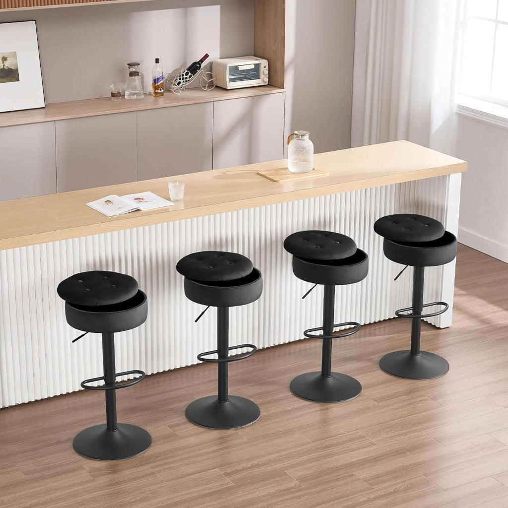 Sgabello Cucina, Sgabello da Bar Alto con Spazio Contenitivo, Sedia Regolabile in Altezza e Girevole a 360°, per Cucina Sala da Pranzo Bar Bancone, Velluto, Metallo, Nero