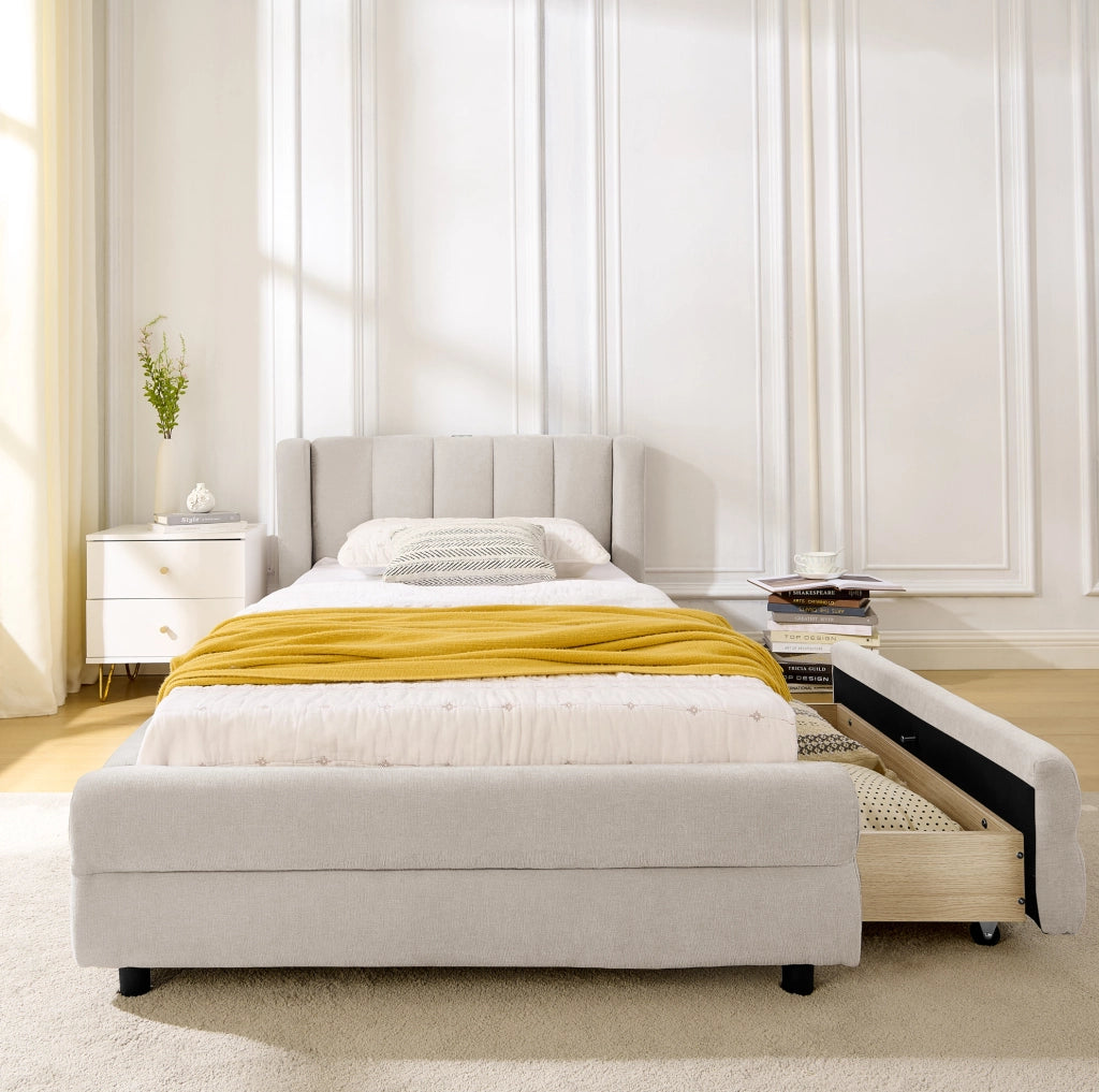 Letto singolo 90x200 cm con 2 cassetti; porte USB e Type-C; in tessuto Chenille beige