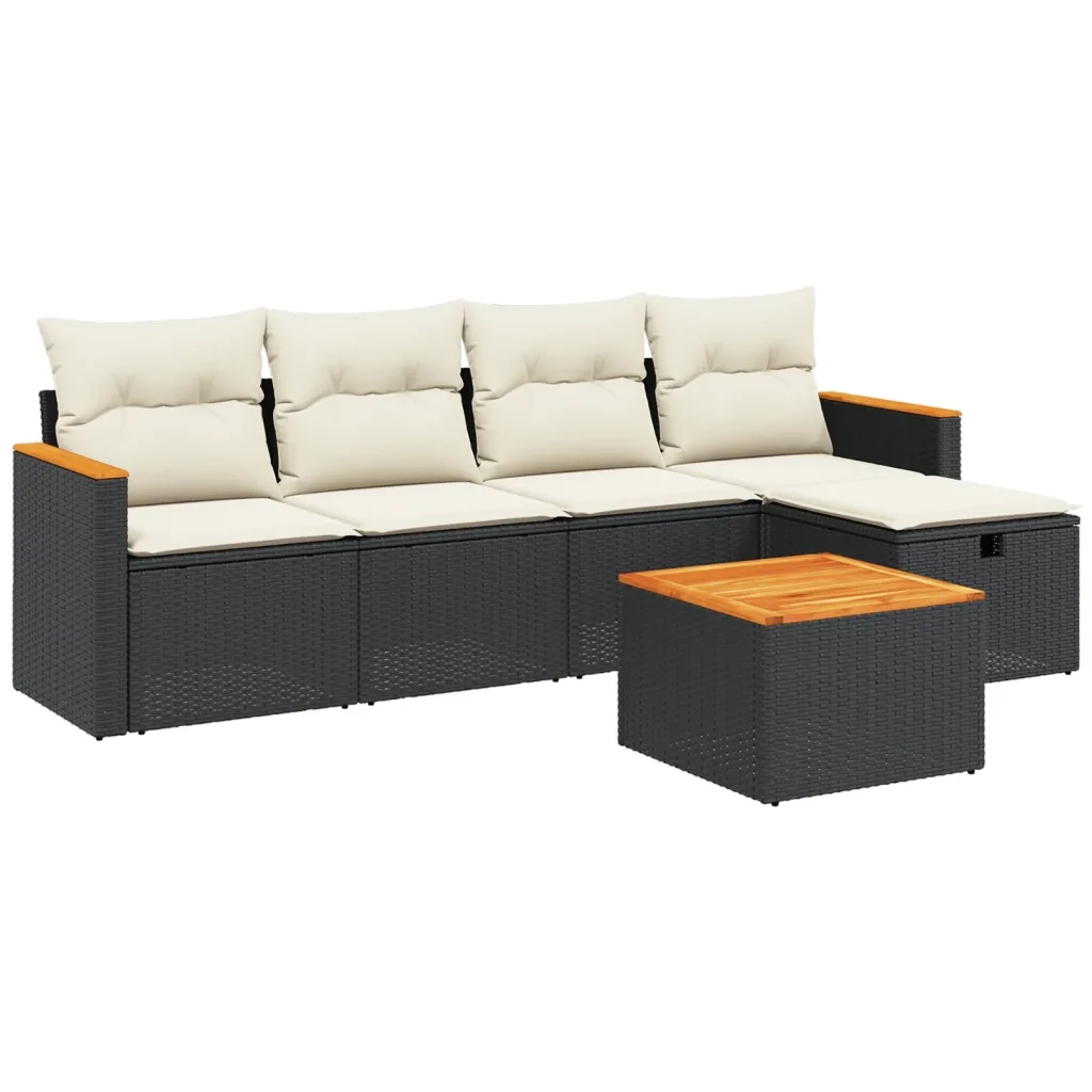 Set Divano da Giardino 6 pz con Cuscini Nero in Polyrattan
