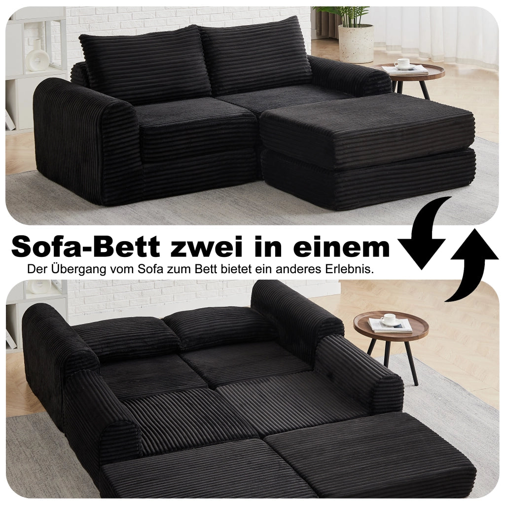 Divano letto modulare con pouf rimovibile e braccioli curvi, configurazione flessibile in velluto a coste nero