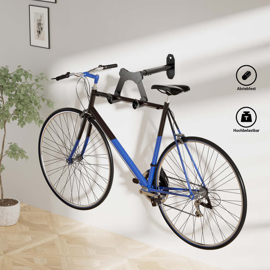 Portabici da muro 39,8 x 16,7 x 32,6-42,6 cm fino a 25 kg, Ø tubo superiore fino a 55 mm, regolazione angolo fino a 45°, gancio appendi bici universale, in acciaio, plastica e silicone