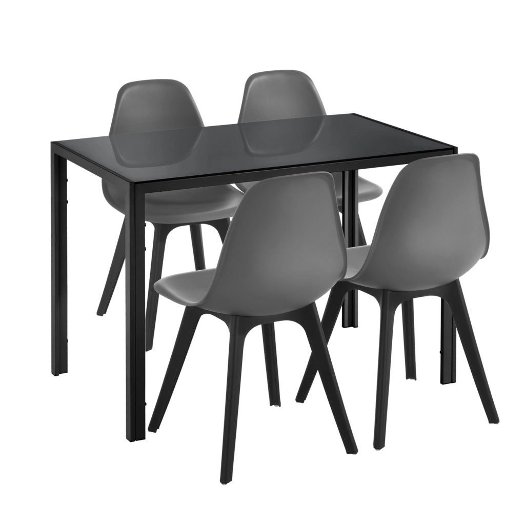 [en.casa] Arredo Sala da Pranzo  Set Tavolo Metallo Vetro 105 x 60 x 75 cm con 4 Sedie in Plastica 83 x 54 x 48 cm Grigio / Nero