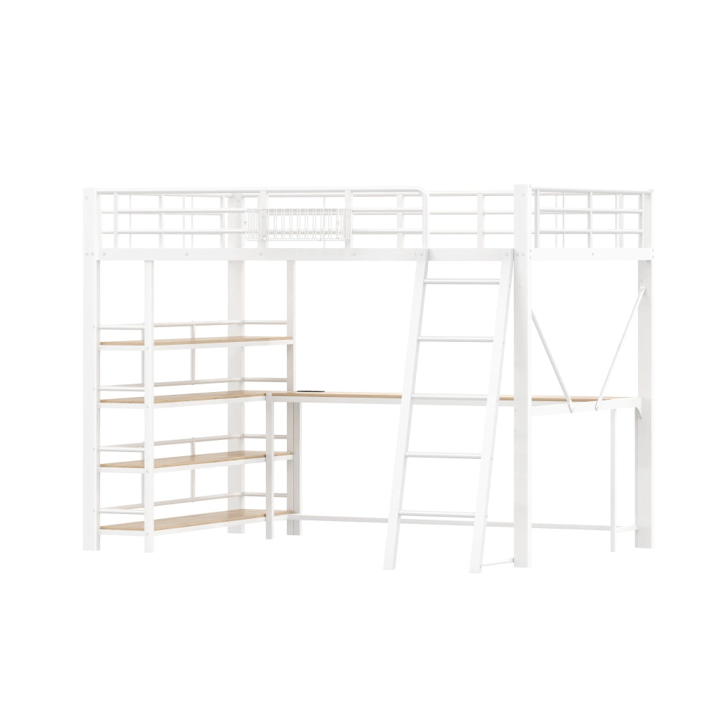 Letto a soppalco matrimoniale 140x200 cm con scrivania; LED; USB e ripiani; bianco
