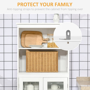 Mobile Dispensa con 2 Ripiani Aperti e 2 Armadietti con Ante 60x30x162 cm in MDF e Vetro Bianco