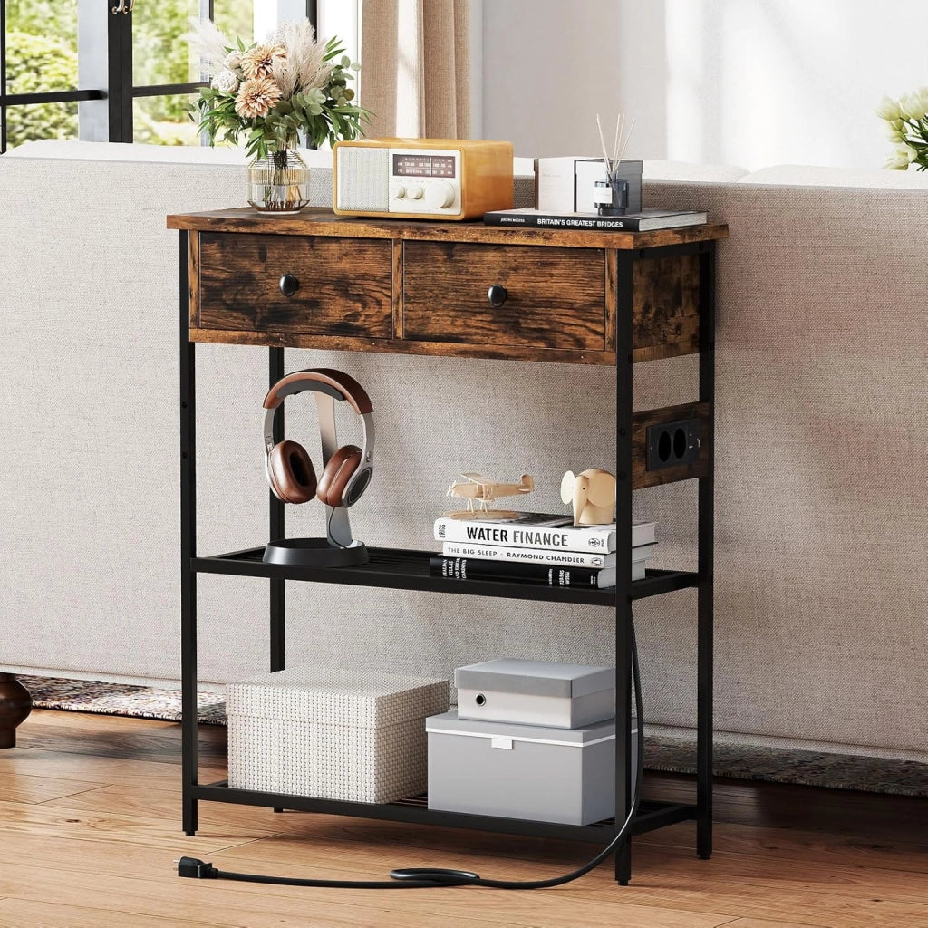 Tavolo da Tngresso con Stazione di Ricarica USB Type-C, Consolle Industriale con Cassetti e Ripiani, 81 x30 x 81 cm