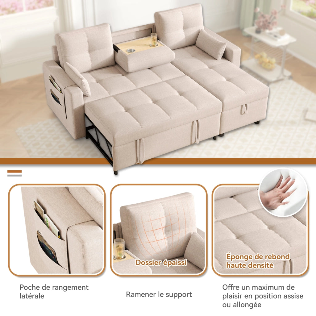Divano letto angolare modulare 3-4 posti con vano contenitore; tasca e portabicchieri in lino beige 211 Ã— 136 Ã— 87 cm