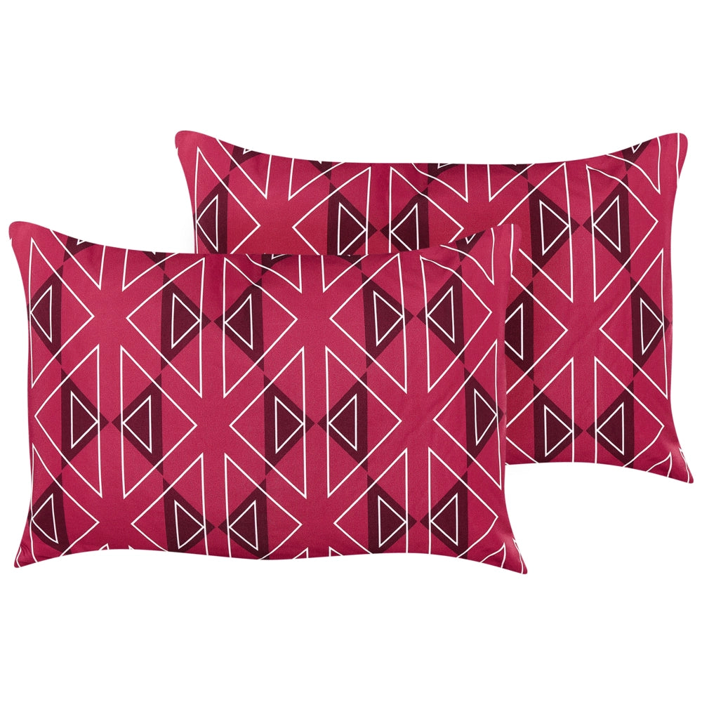 Set di 2 cuscini da giardino in poliestere fucsia con motivo geometrico 40 x 60 cm rettangolari moderni per esterni resistenti all'acqua.