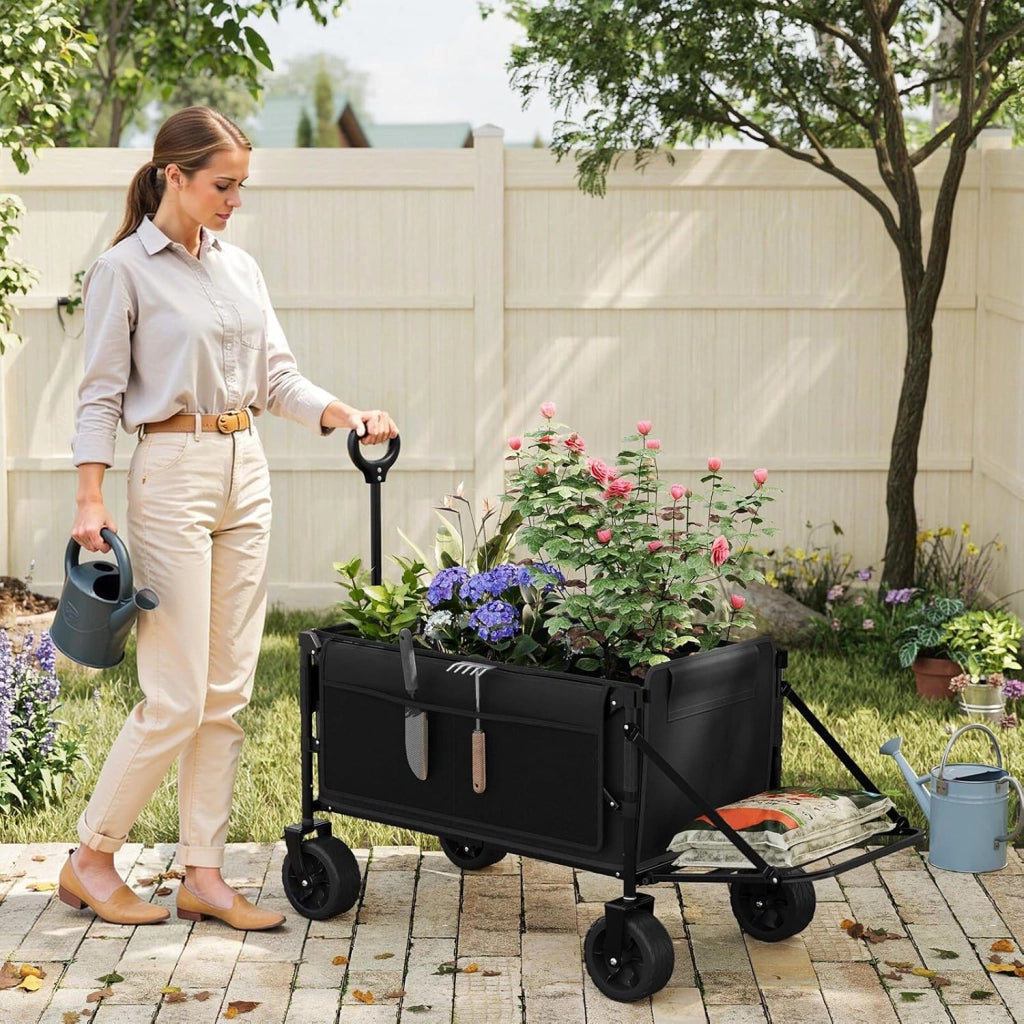 Carrello Pieghevole Portatutto, Carrellino da Giardino con Portellone Posteriore e Ruote per Tutti i Terreni con Freno, Capacità di Carico Fino a 150 kg, Nero