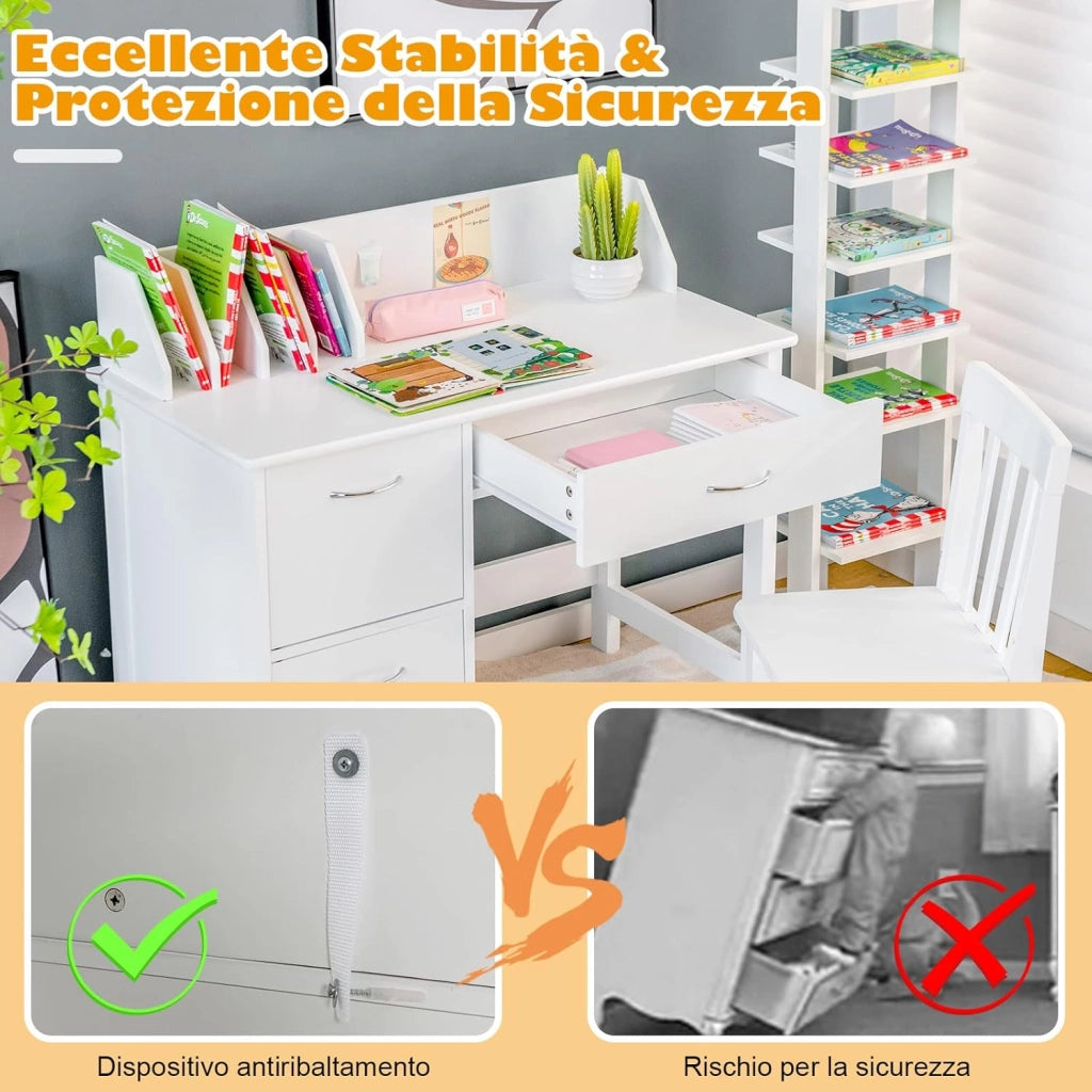 Set di Scrivania e Sedia per Bambini, Scrivania per Bambini con Cassetto e Armadietti, Ideale per Camera da Letto Sala Studio, 90,5 x 46 x 81 cm (bianco)