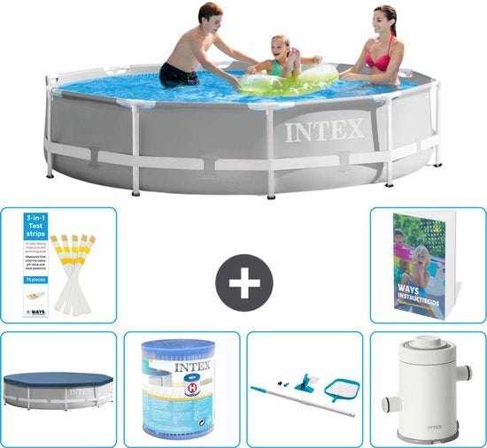 Piscina a forma di prisma a rullo - 305 x 76 cm - Grigio - Incluso coperchio - Filtro - Kit di pulizia - Pompafiltro per piscine - 7 pezzi