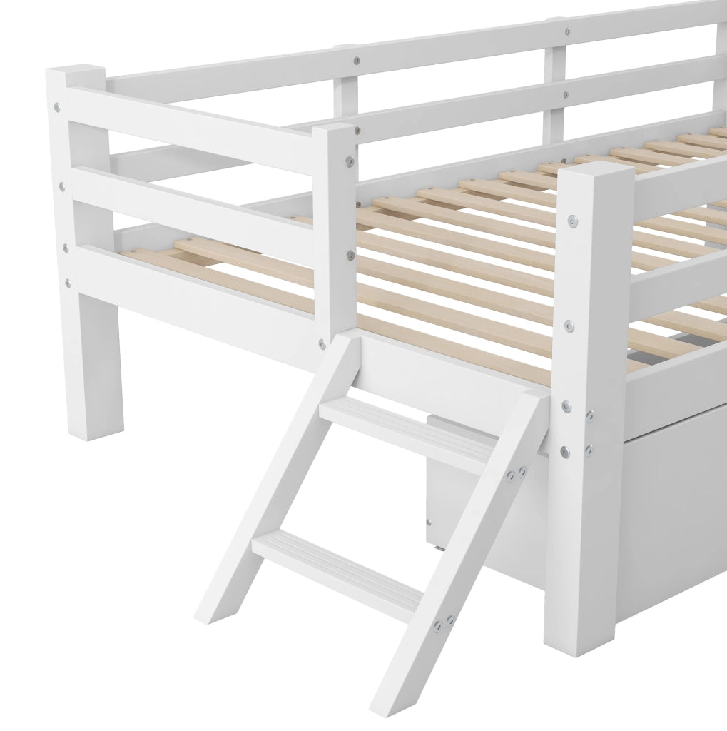 Letto a piattaforma 90x200 cm con sponde di protezione e 2 cassetti; bianco