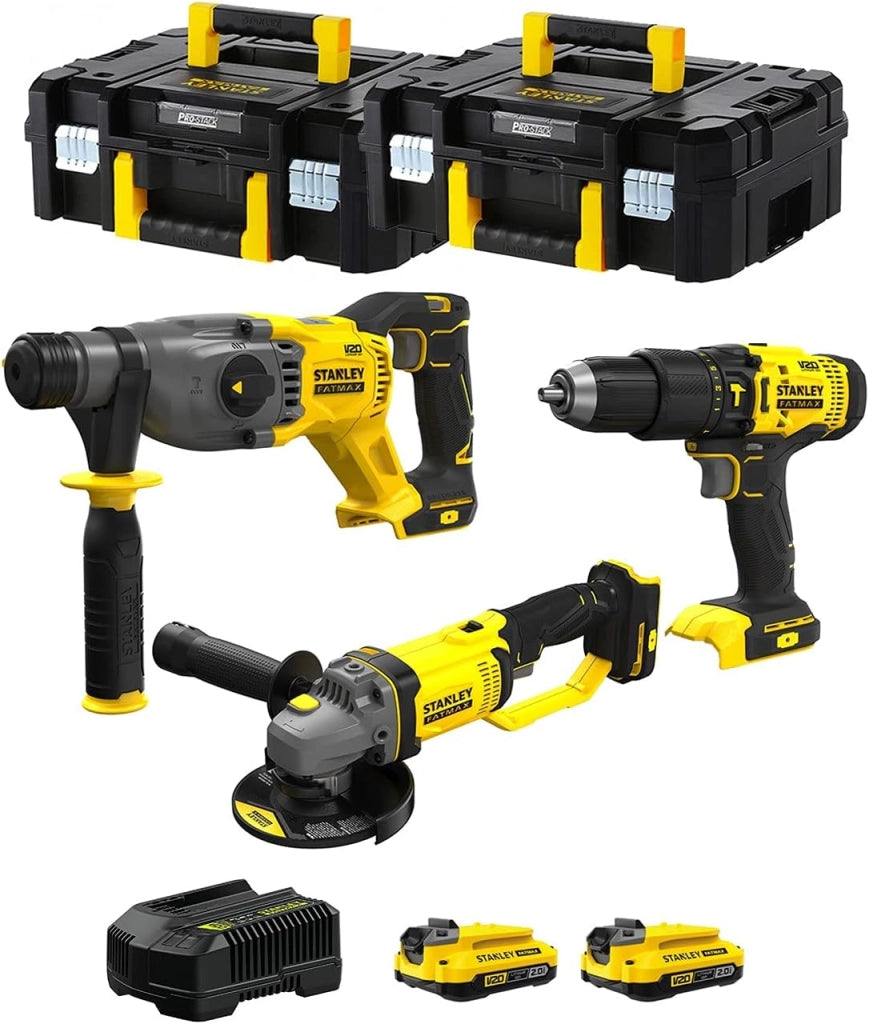 STANLEY FatMax Kit SVK300 (Tassellatore SFMCH900 + Smerigliatrice SFMCG400 + Trapano a Percussione SFMCD711 + 2 Batterie 2,0 Ah + Caricabatteria + 2 x TSTAK II)