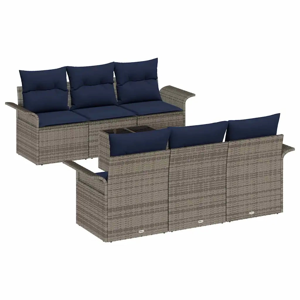 Set Divano da Giardino con cuscino 7 pcs Grigio e Blu Navy