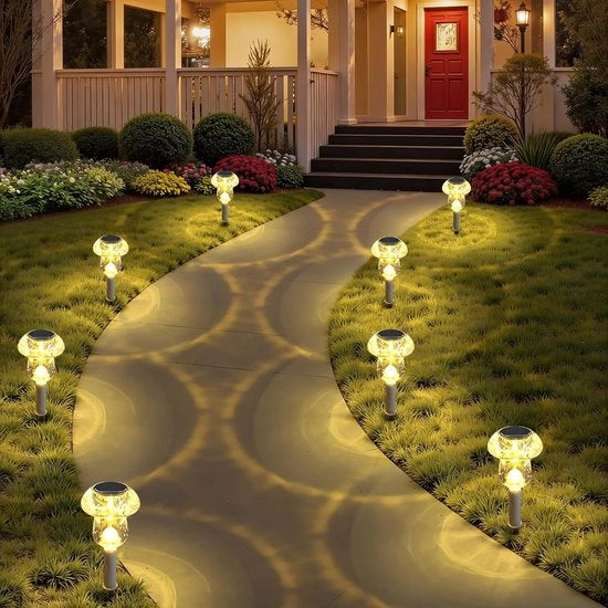 Lampade Solari 8-Pack - Design Funghi - Luce Bianca Calda - IP44 Impermeabile - Per Piazzale e Prato - Accensione Automatica - Nessuna Installazione - Lunga Durata Batteria