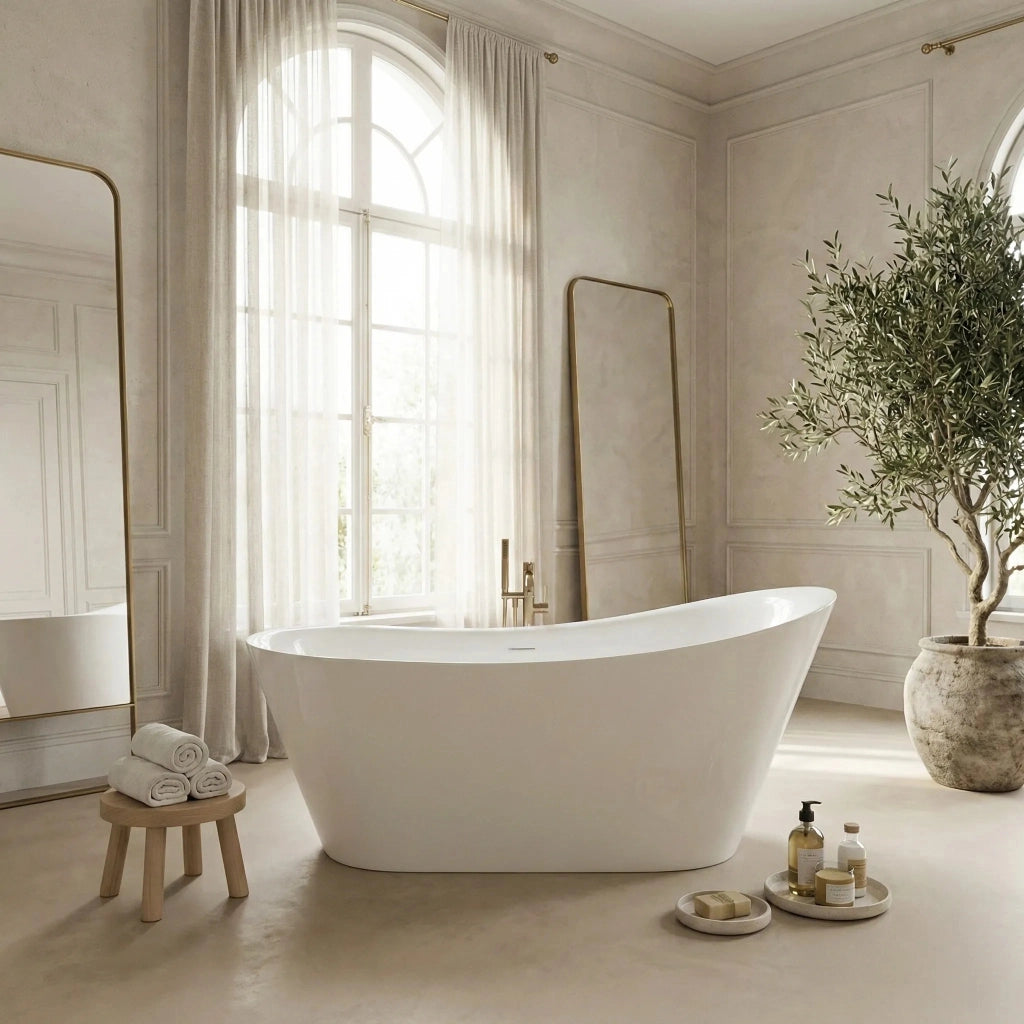 Vasca Da Bagno Freestanding In Acrilico Lusso Slim 170 Copritappo rame spazzolato
