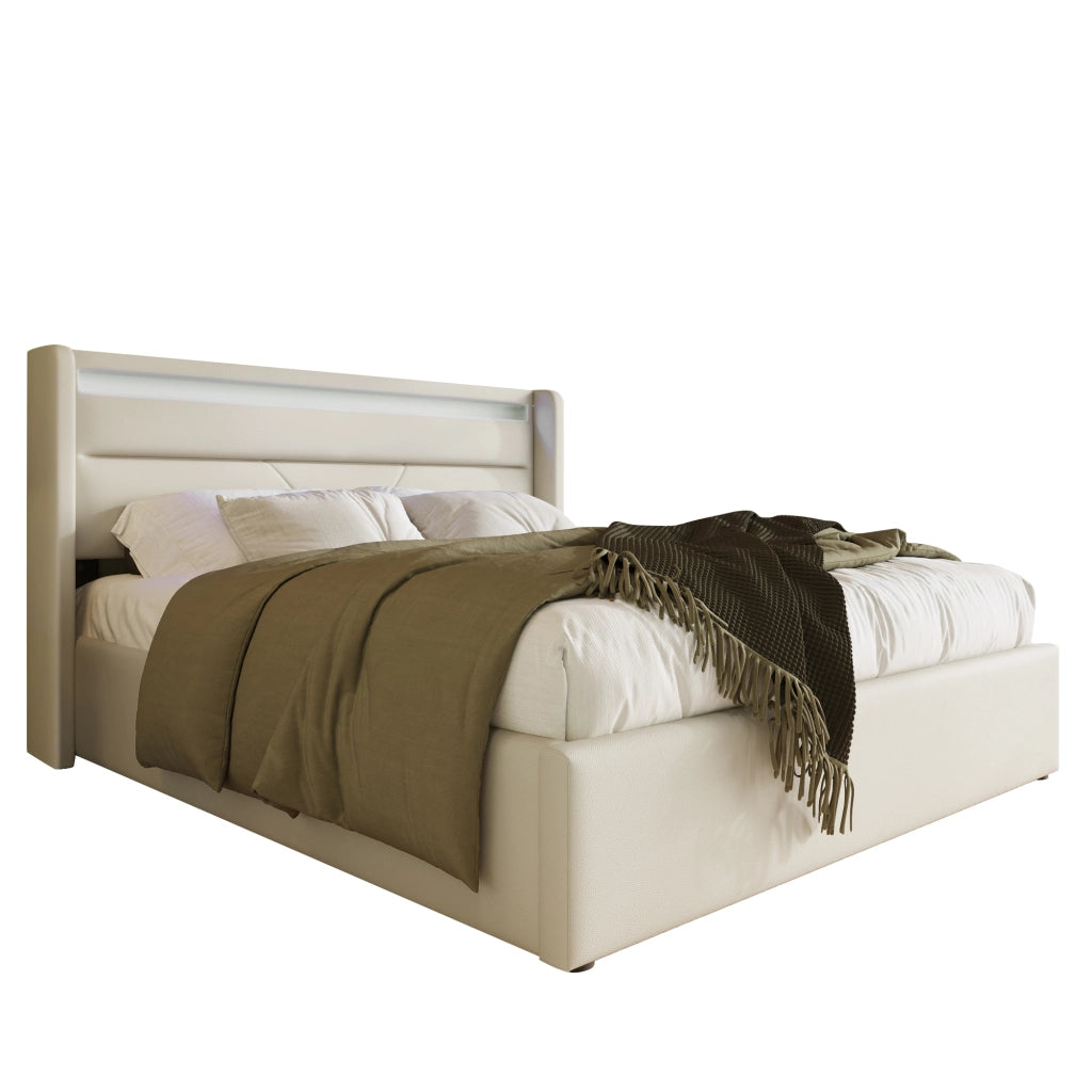 OKWISH Letto Contenitore 160×200 cm, Letto Matrimoniale con LED Regolabile, Contenitore e Telecomando, senza Materasso, PU, Bianco