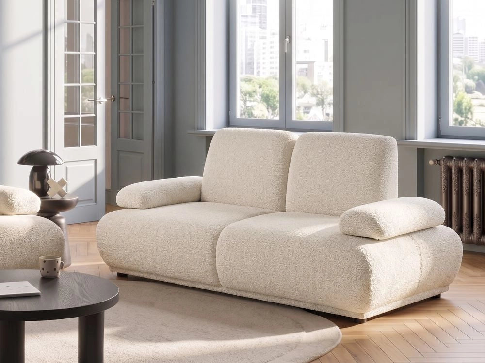 Divano a 2 posti Rivestimento bouclé bianco sporco Schienale e braccioli regolabili Gambe in legno Soggiorno Moderno