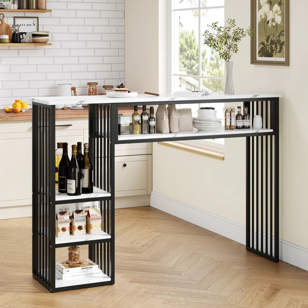 Tavolo da pranzo con 3 ripiani e piano in MDF effetto marmo, in metallo, per cucina, bianco nero, 140 × 40 × 105 cm