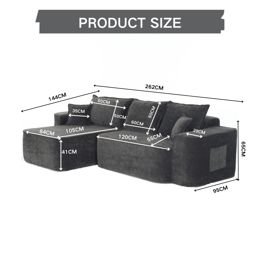 Divano Ad Angolo Modulare 3 Posti con Chaise Longue; Seduta Profonda; Senza Montaggio; Design Minimal in Ciniglia Nero