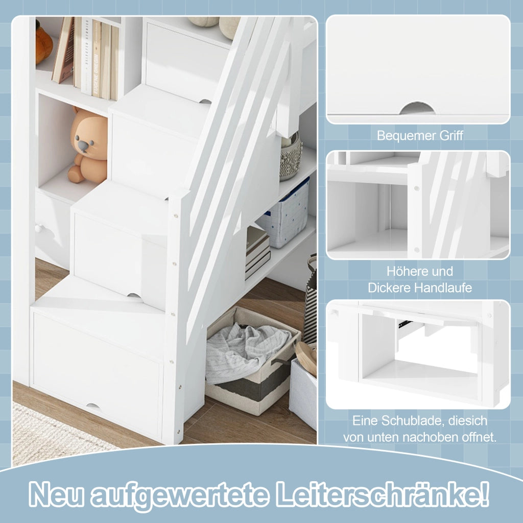 Letto a castello bianco in pino con scrivania cassetti scaffali aperti e scala integrata 90x200 cm