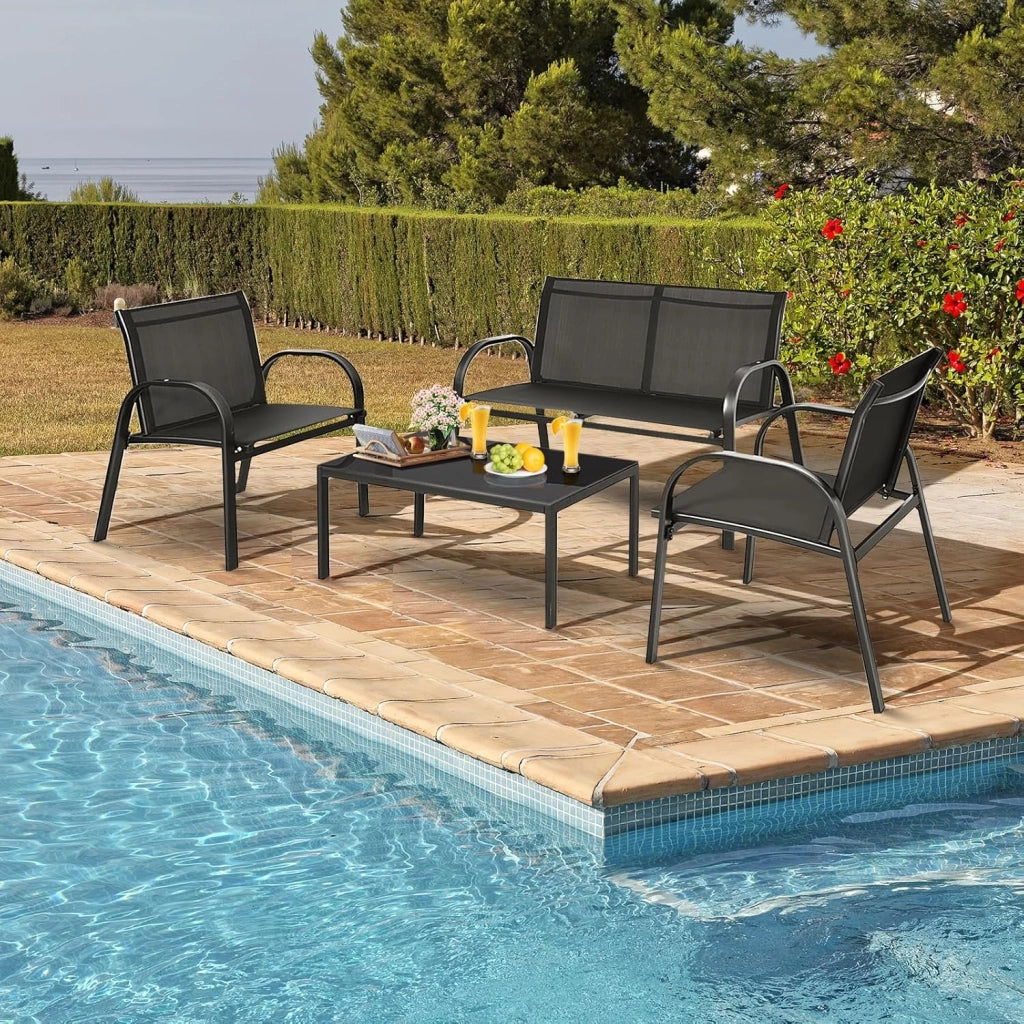 Set di 4 mobili da giardino con tavolino da salotto e panca da giardino e 2 sedie da pranzo, in textilene, set da 4 persone, mobili da giardino (Nero)