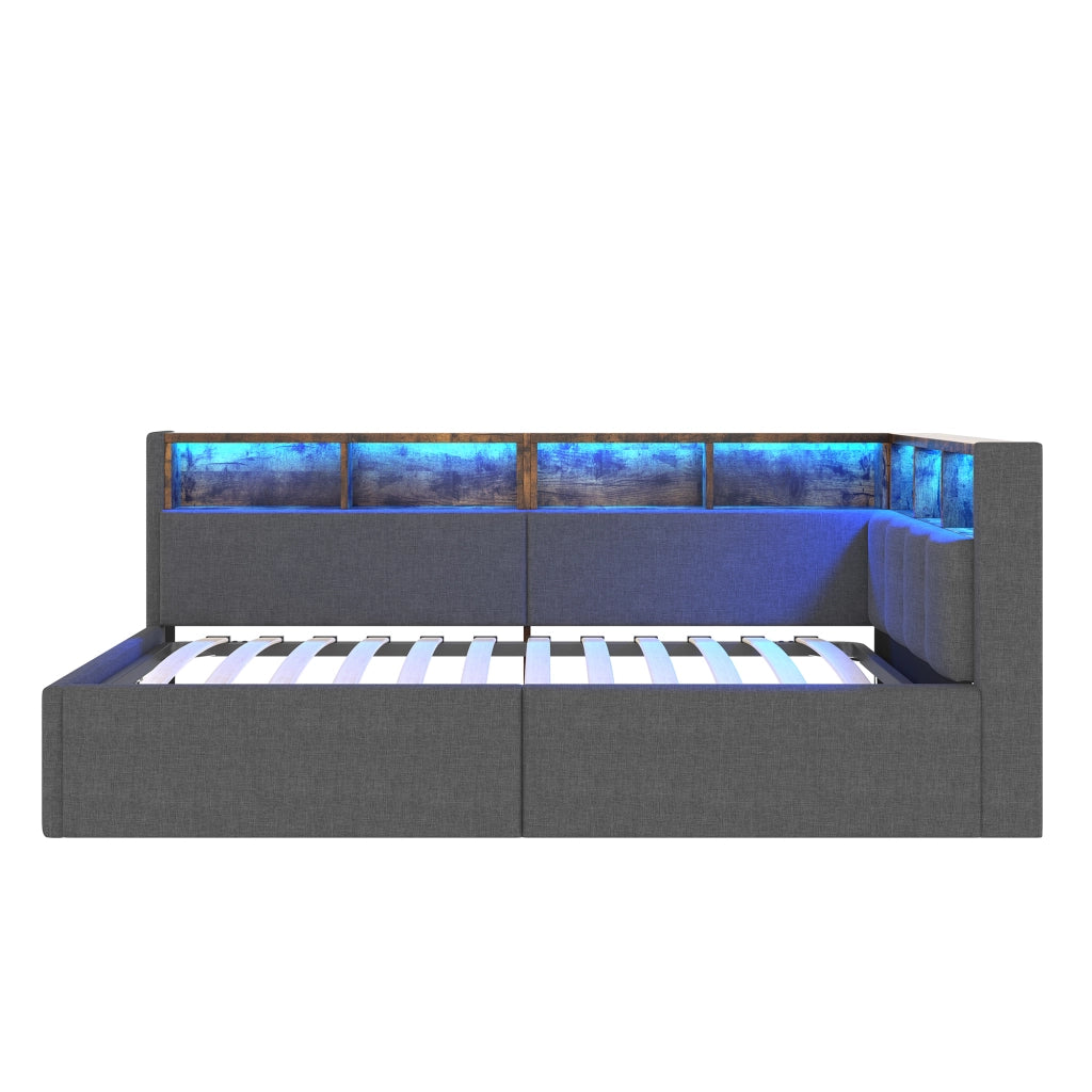 Divano letto singolo 90x200 cm in lino grigio con contenitore; luci LED e USB-C