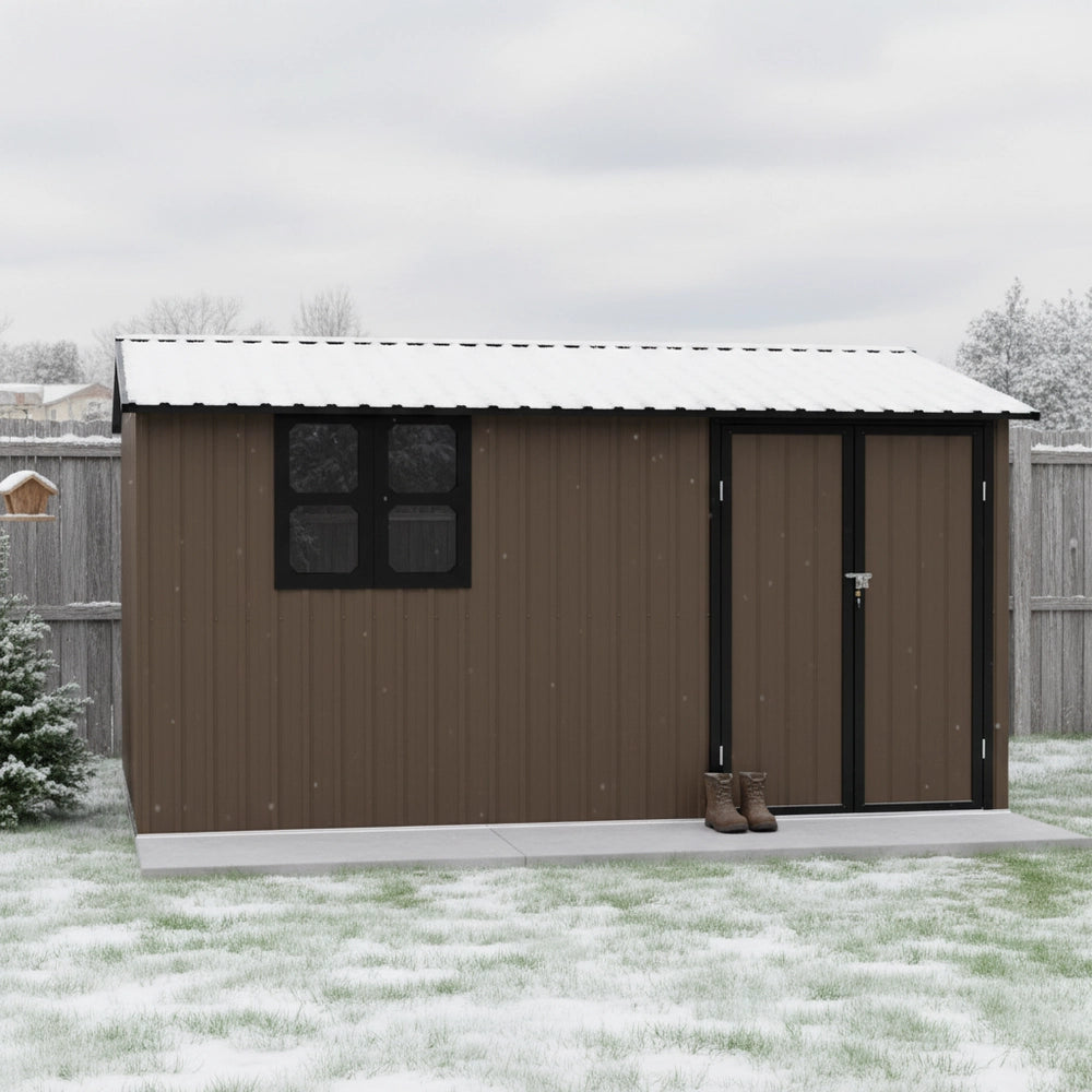 Casetta da Giardino in Metallo con Porta e Finestra ¨C MINIMAL ¨C Marrone/Nero, 362x285.5 cm