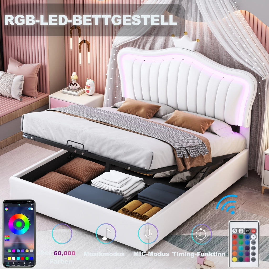 Letto contenitore singolo 140×200 cm con LED; testiera a conchiglia; senza materasso; PU bianco