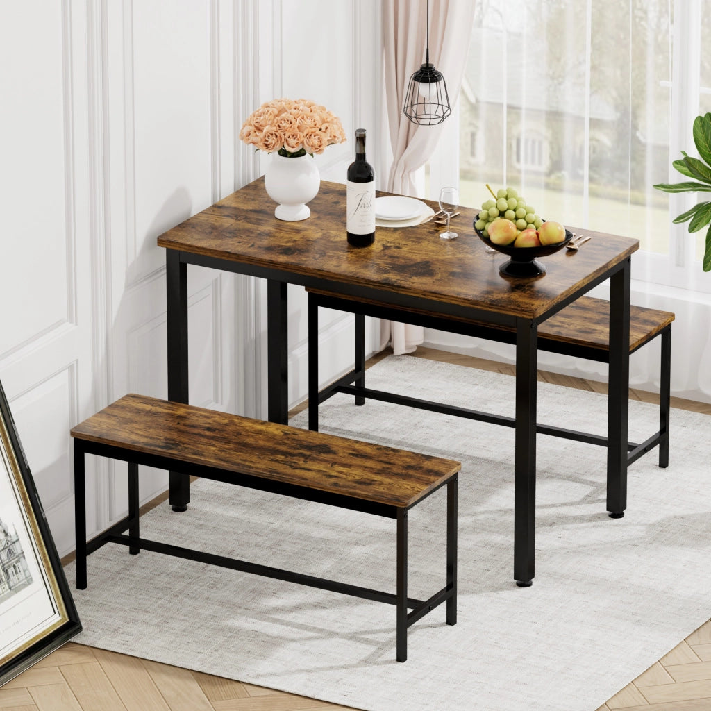 Tavolo da pranzo per 4 persone con 2 panche, stile industriale, per cucina e soggiorno, 110 × 60 × 75 cm