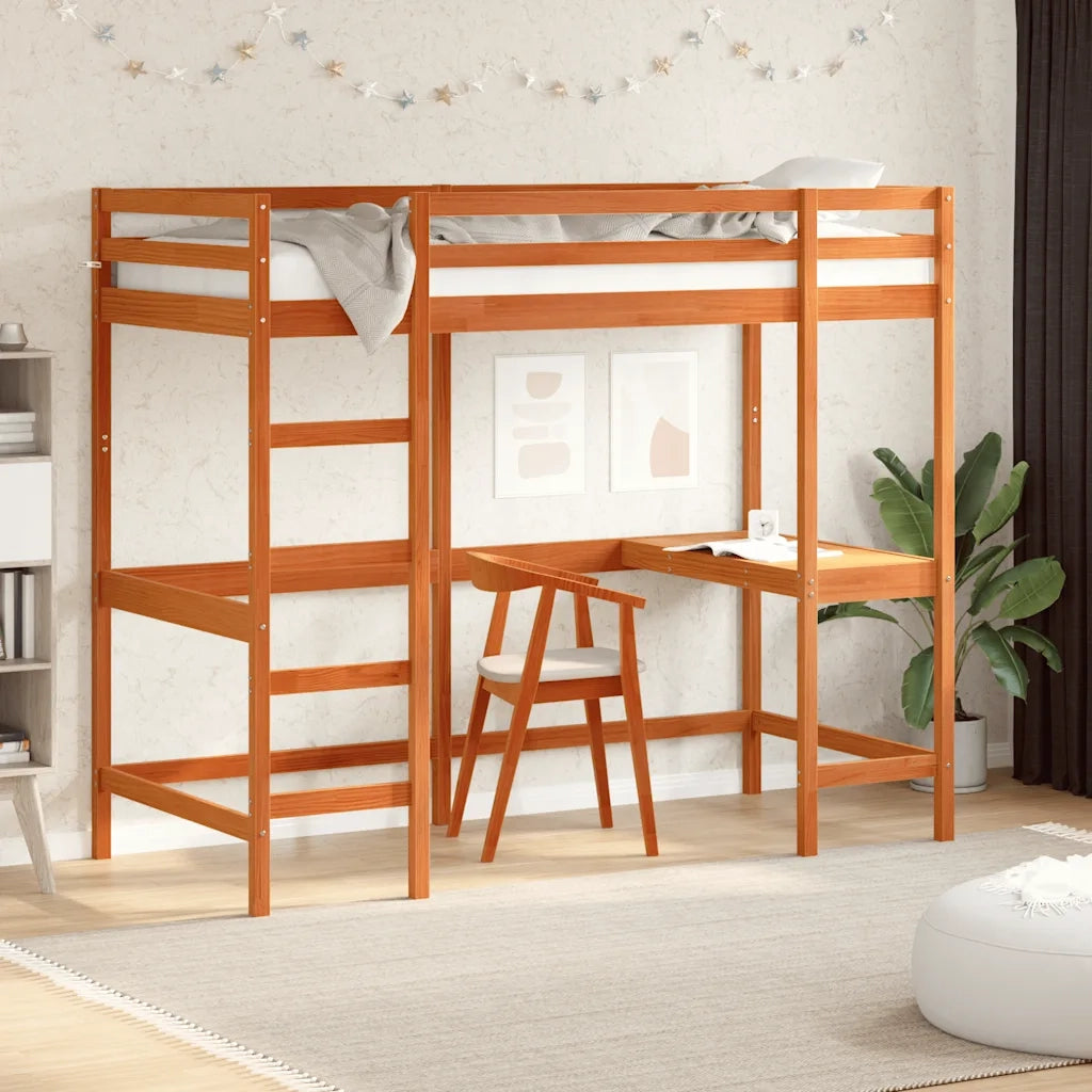 Letto Soppalco con Scrivania Marrone Cera 90x190 cm Legno Pino 842861