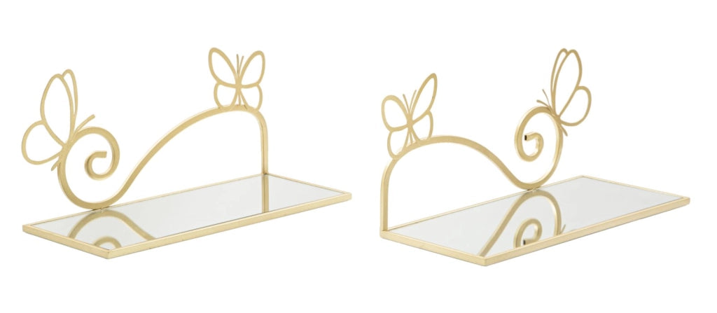 Comodino mensola BUTTERFLY COPPIA 41,5x18x21 cm metallo dorato con vetro