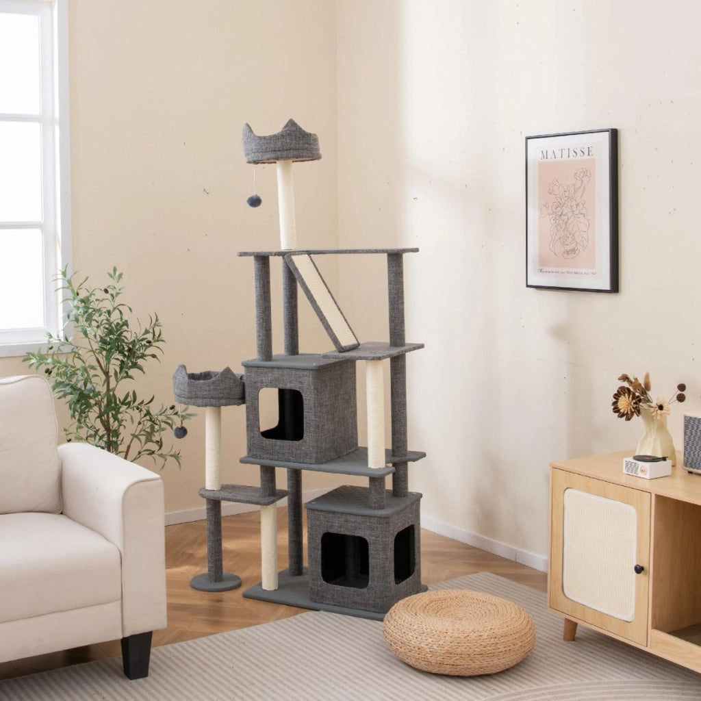 180 cm albero per gatti con torre multi-livello e posti per grattare, Mobili con 2 condomini rimovibili e palle pendenti