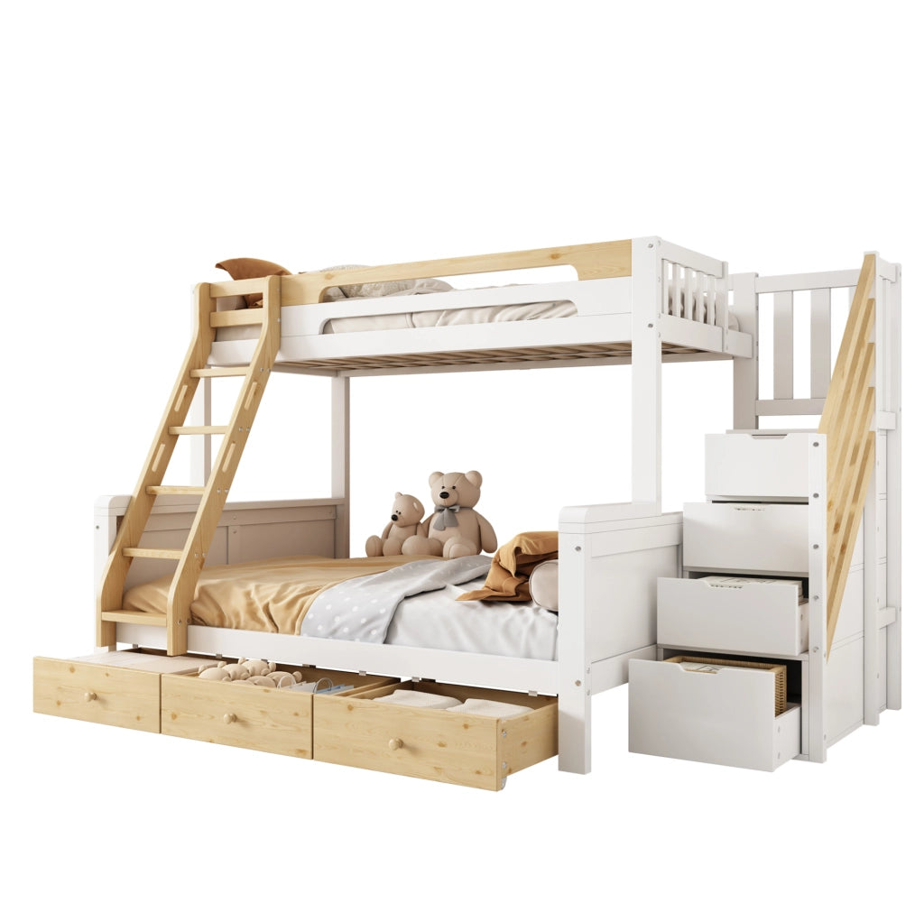 Letto a castello familiare 90x200/140x200 cm in legno bianco e naturale con scala contenitore