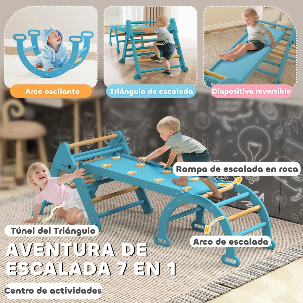 Letto a castello Montessori triangolare pieghevole con arco e rampa per bambini ¨C zephmum ¨C blu 188x70 cm