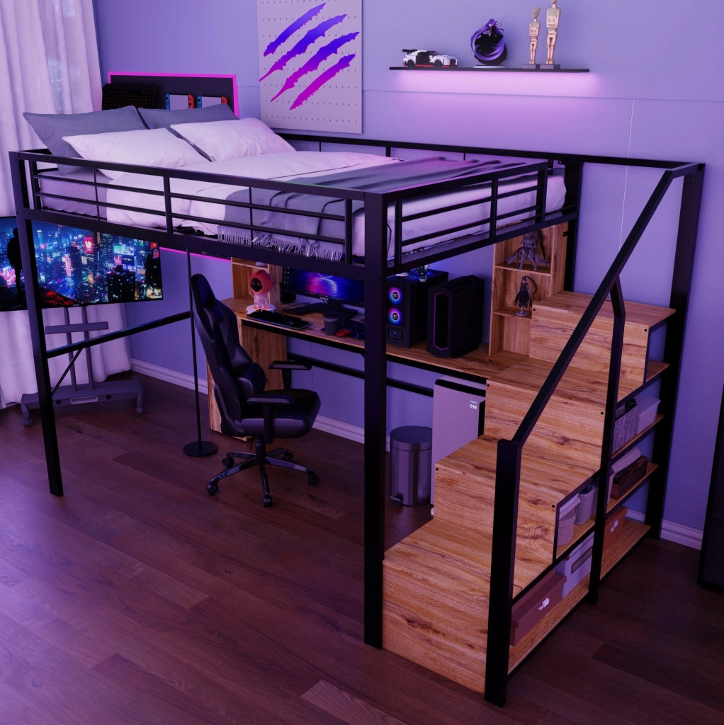 Letto a soppalco nero con scrivania, armadio, scala contenitore e USB