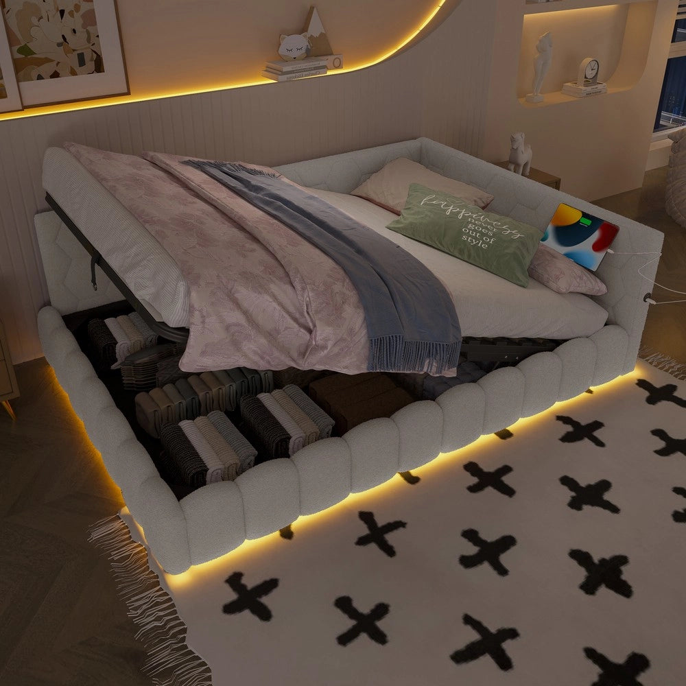 Letto Contenitore Imbottito con LED e Meccanismo Idraulico ¨C MINIMAL ¨C Bianco 140x200
