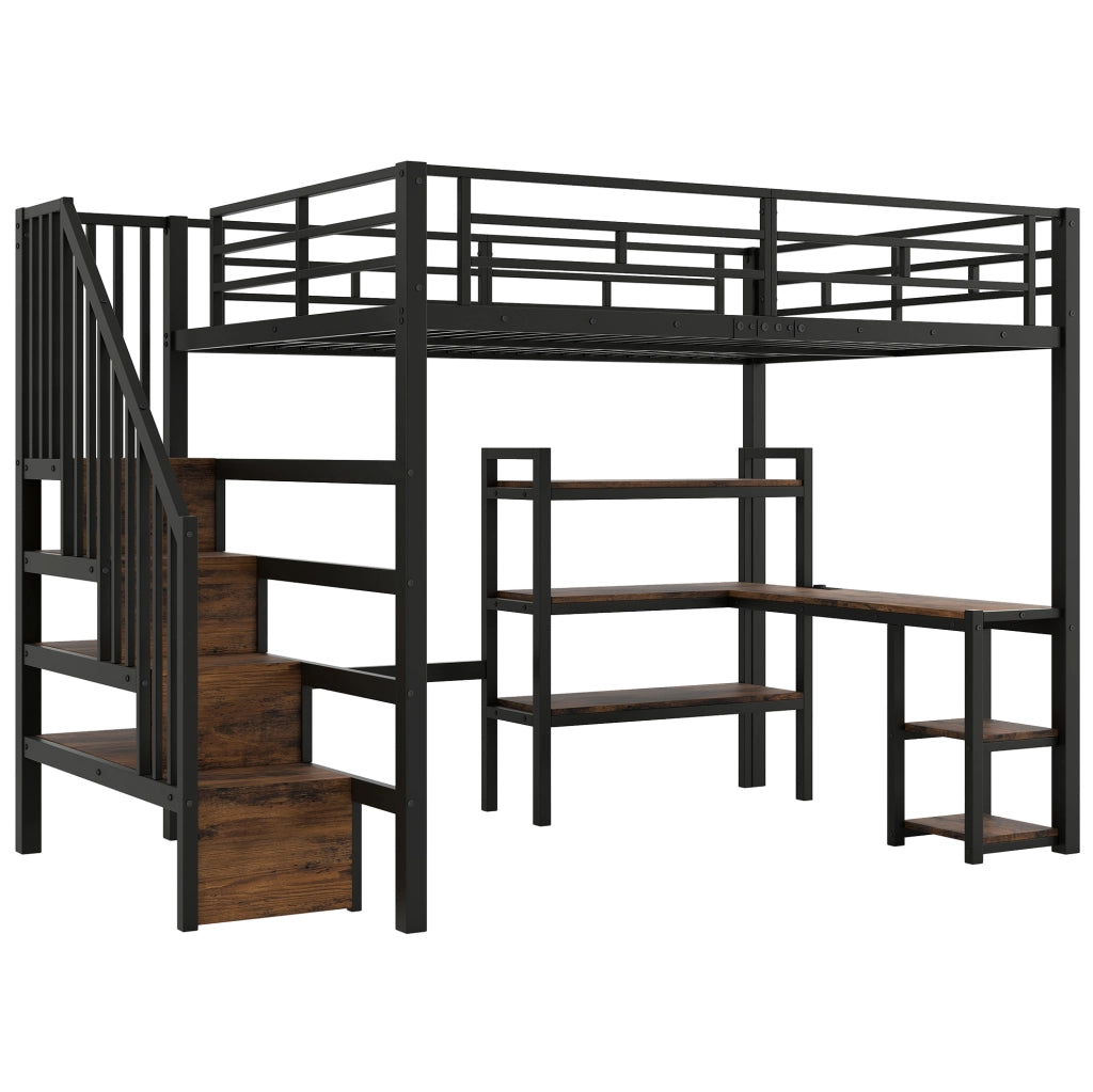 Letto a soppalco matrimoniale 140x200 cm con scrivania; scale contenitore; LED; nero