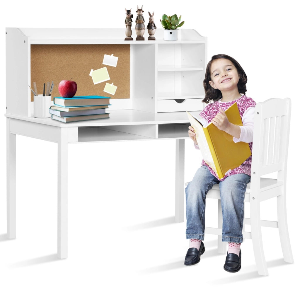 Scrivania per bambini con sedia mensola bacheca in sughero da letto, Set scrivania e sedia per bambini postazione di lavoro Bianco-Tavoli e sedie