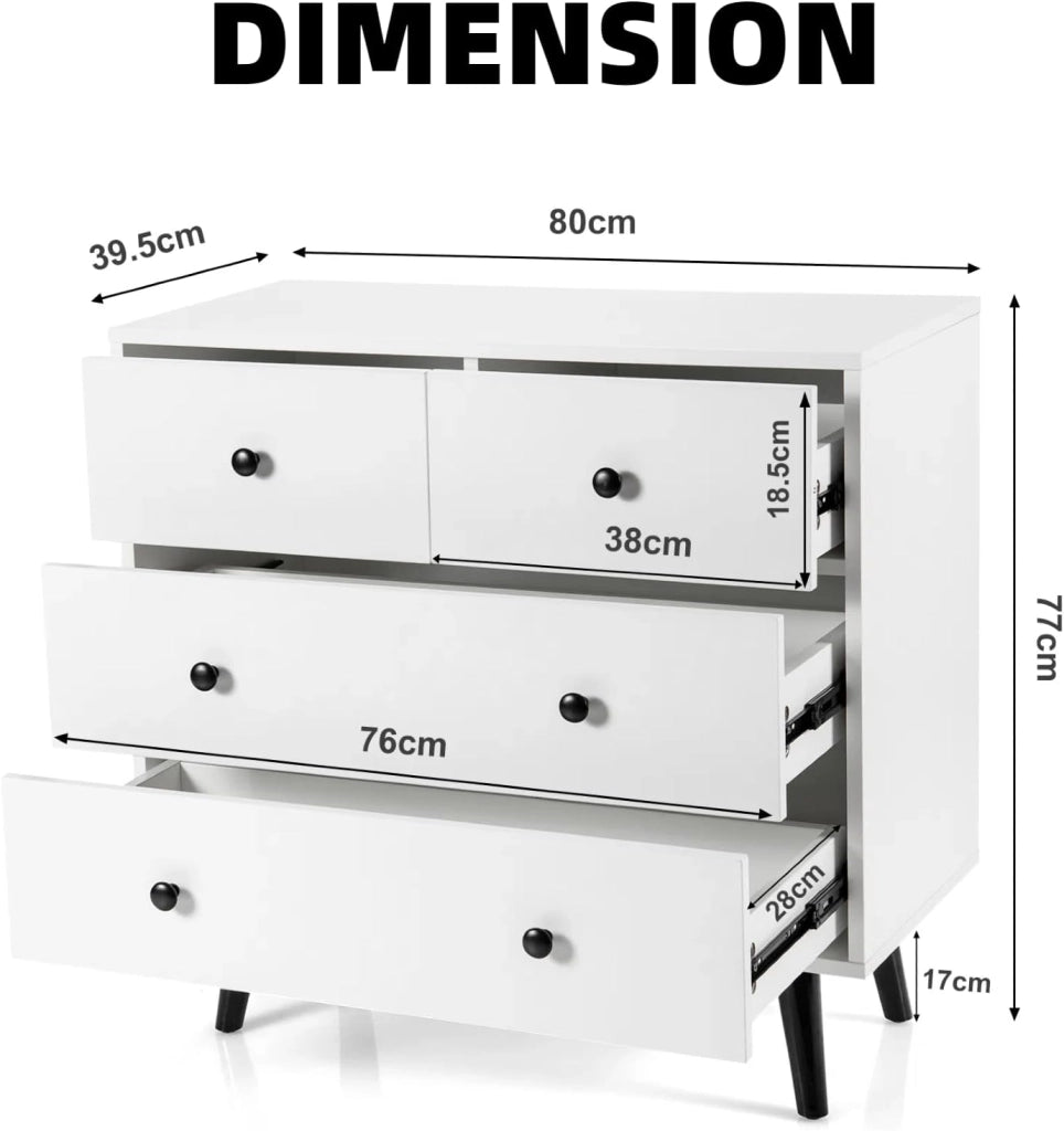 Cassettiera in Legno con 4 Cassetti in 2 Misure Armadio Basso Cassettiera Cassettiera per Soggiorno, Camera da Letto Ufficio, 80 x 39,5 x 77 cm, Bianco
