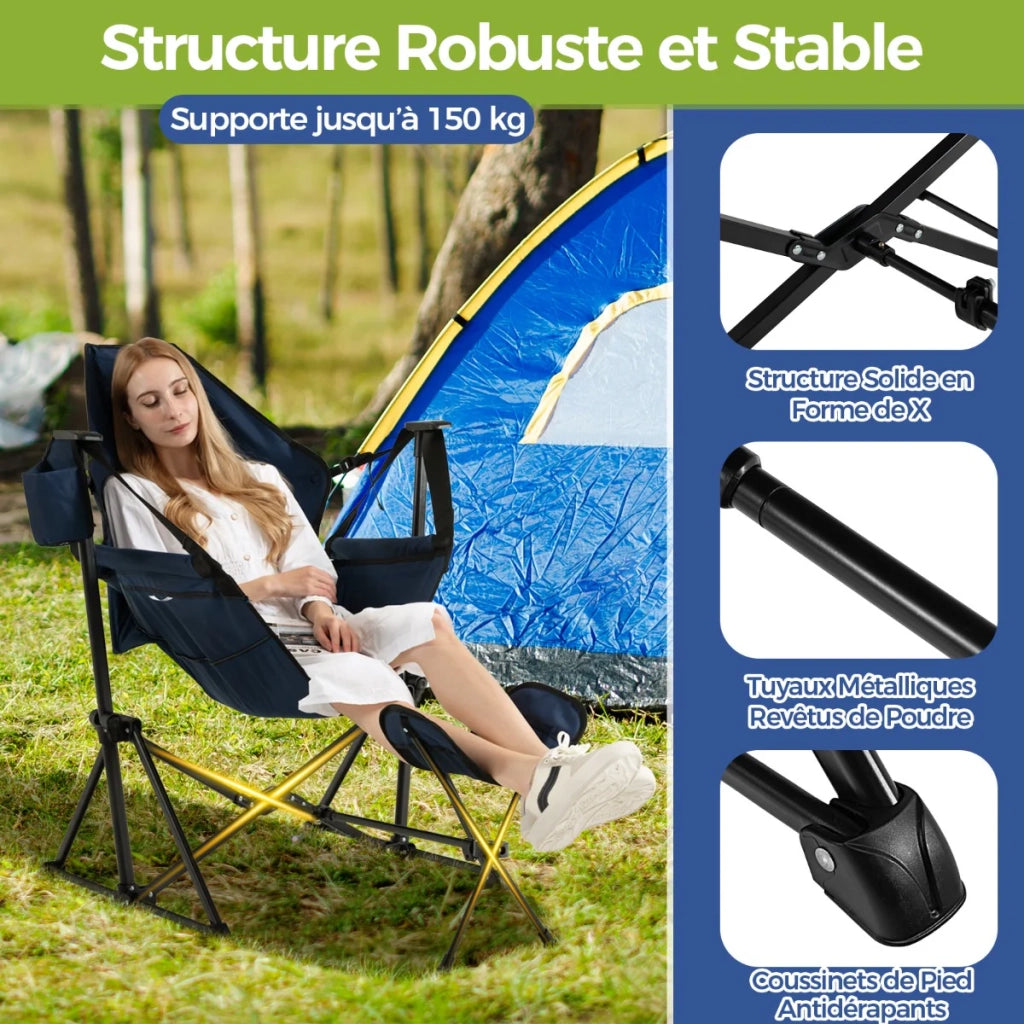 Sedia da campeggio pieghevole e portatile 120-160 x 91 x 80-107 cm con schienale reclinabile comodo appoggio realizzata in PVC blu navy 20_0011133