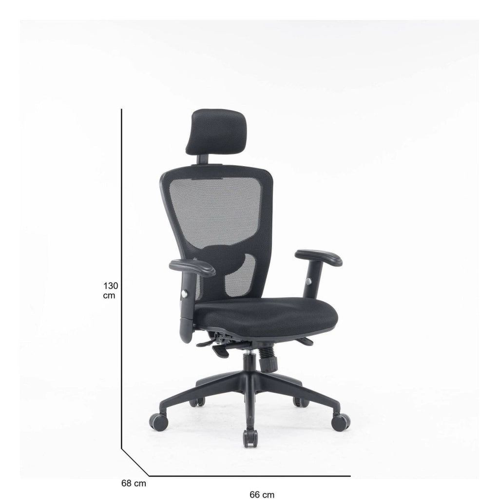 Sedia da ufficio Asterio, Poltrona direzionale a rete con braccioli, Seduta ergonomica da ufficio, 68x66h120/130 cm, Nero