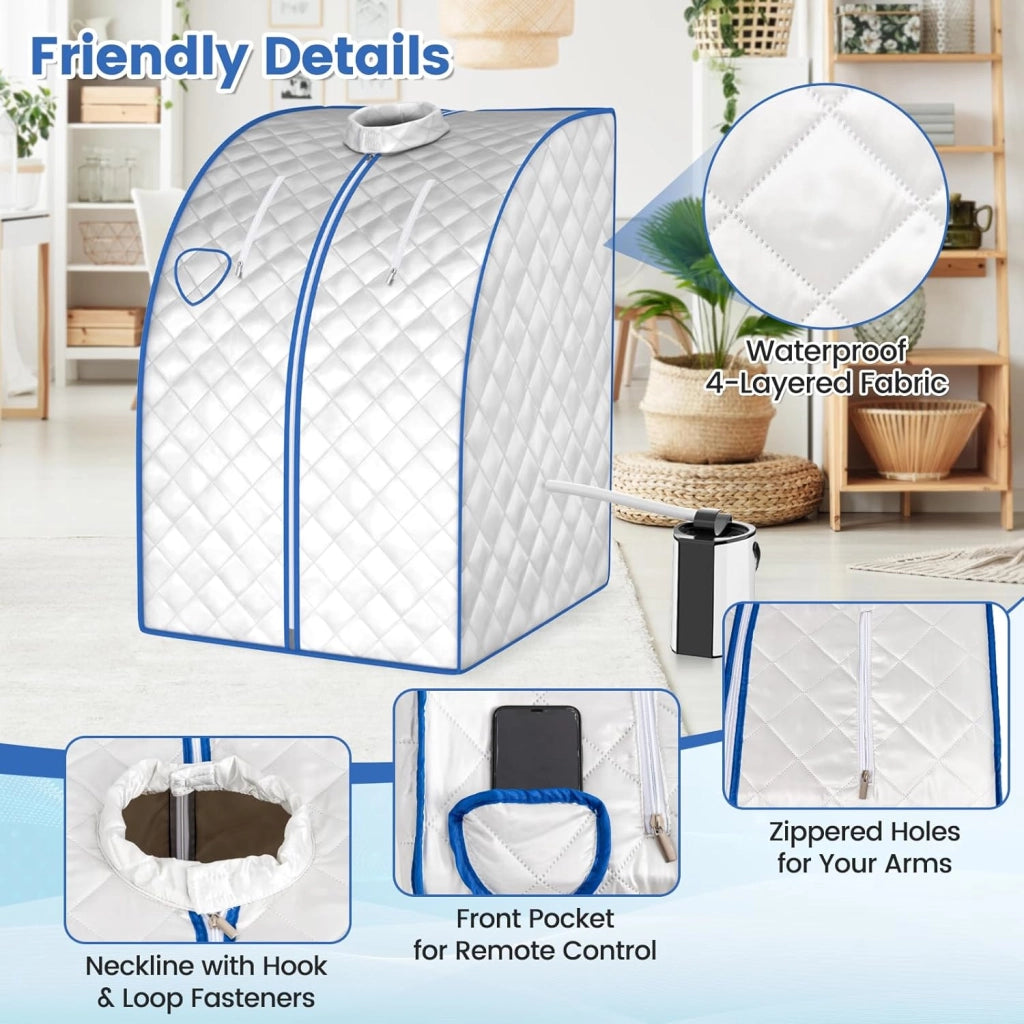 Sauna a Vapore Portatile 3 L, Cabina Domestica per SPA, 9 Temperature Regolabili, 15-90 Minuti, Telecomando e Sedia, 1000W (Argento)