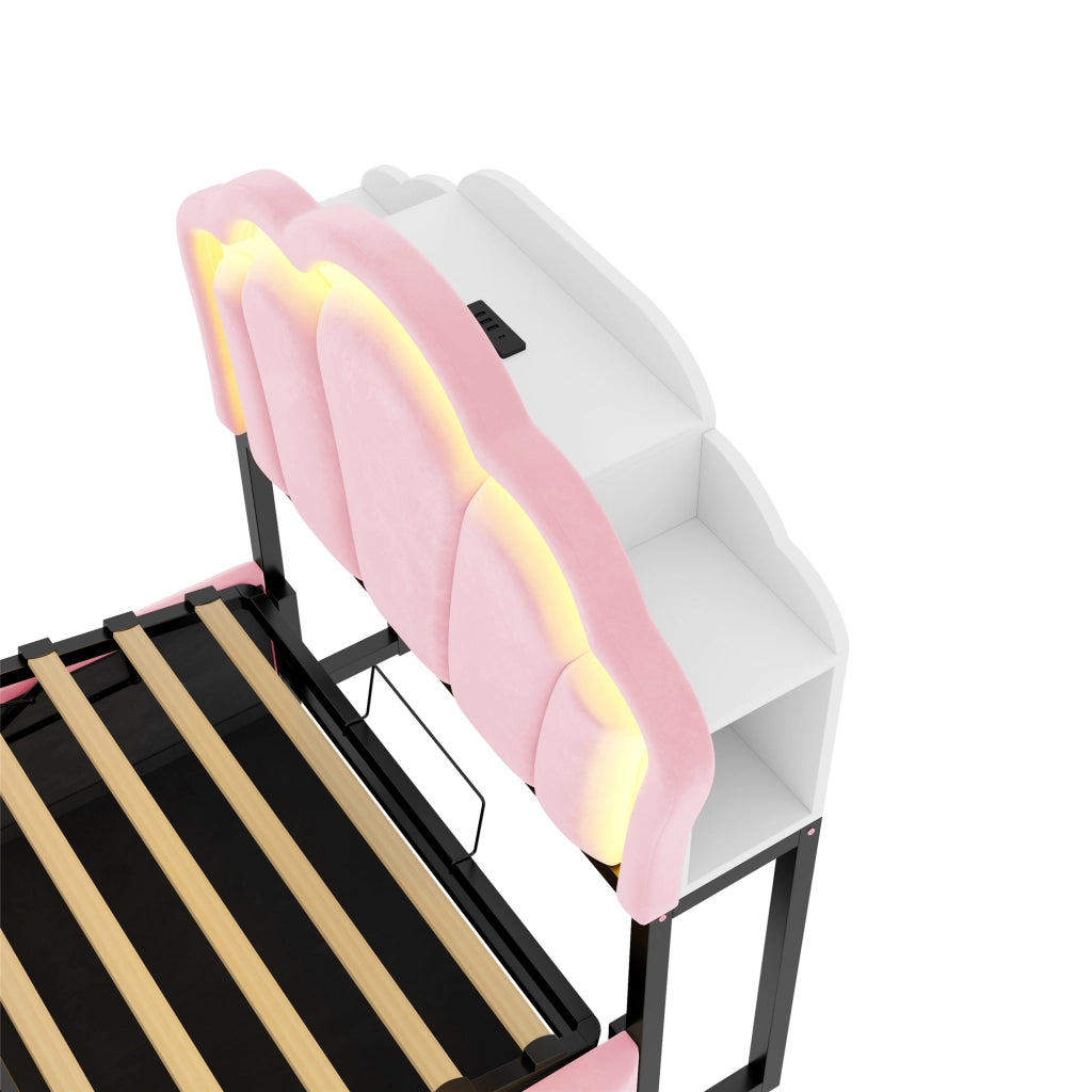 LETTO imbottito 90x200 cm in velluto rosa con LED, prese e contenitore idraulico
