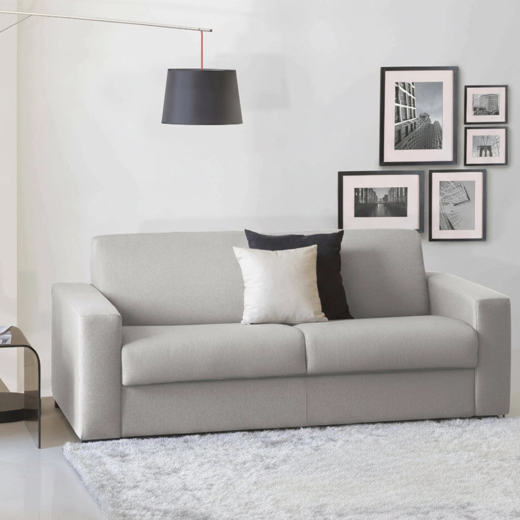 Divano Letto Zinnia, Divano a 3 posti, Made in Italy, SofÒ  Soggiorno con apertura girevole, in tessuto imbottito, con Braccioli slim, cm 200x95h90, Grigio