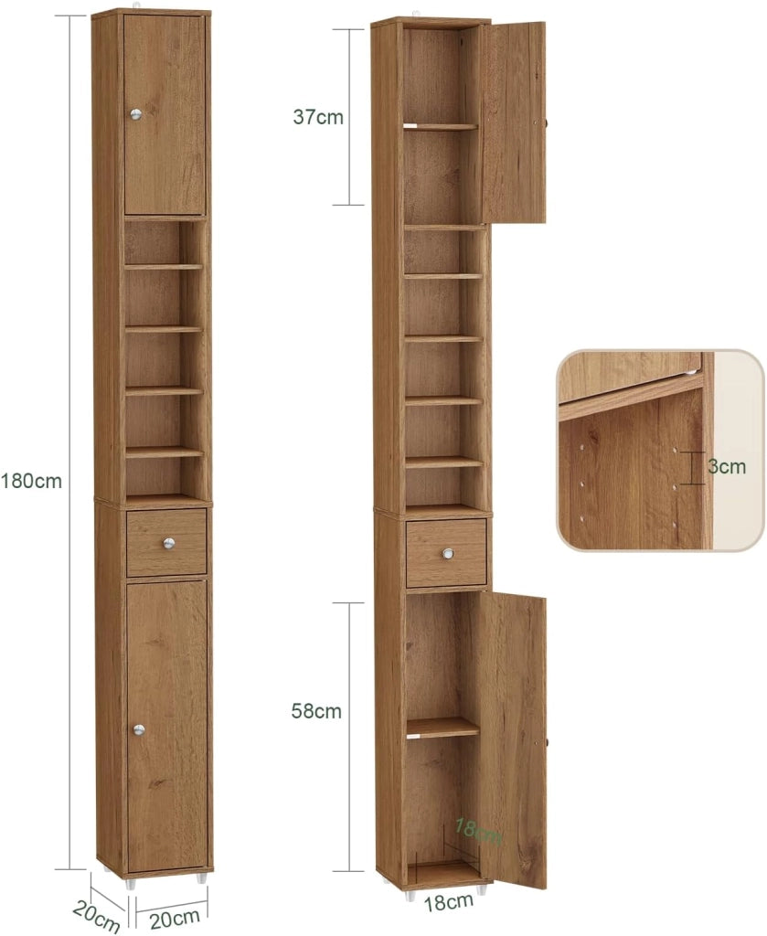 Mobile Bagno Alto e Stretto, Mobili Salvaspazio Mobiletto a Colonna da Terra con Ripiani Regolabili e Cassetto Armadietto per Bagno e Lavanderia 20×20×180 cm BZR34-II-PF