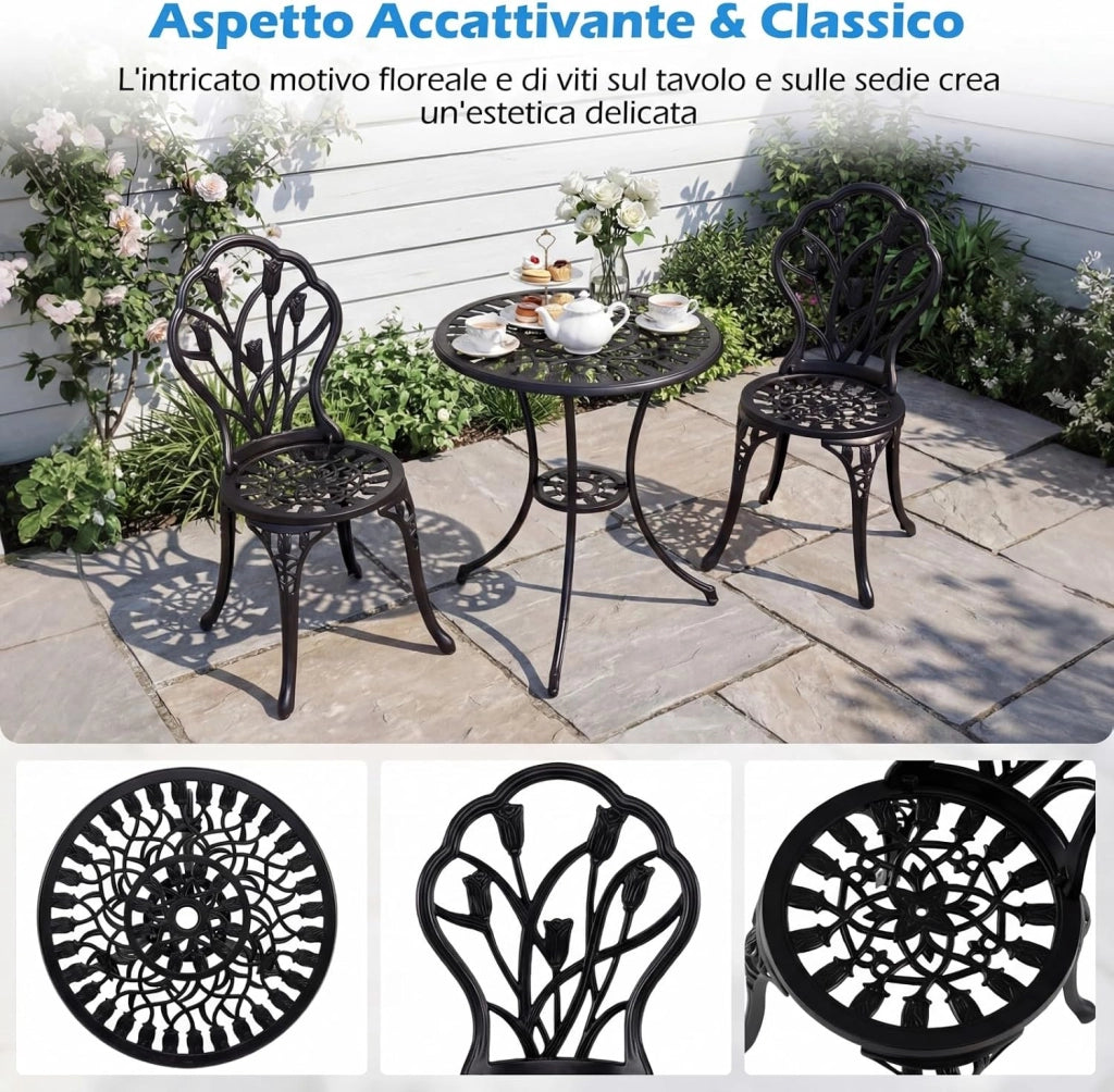 Set Tavolino e Sedie in Alluminio 3 Pezzi, Set Bistro da Esterno con Foro per Ombrellone, Mobili da Giardino per Cortile Patio Terrazza (Modello 2)