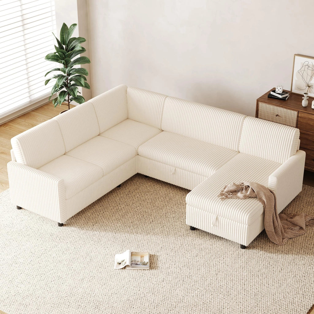 Divano a U con letto estraibile e vano contenitore in tessuto a coste beige 274 × 220 × 85 cm