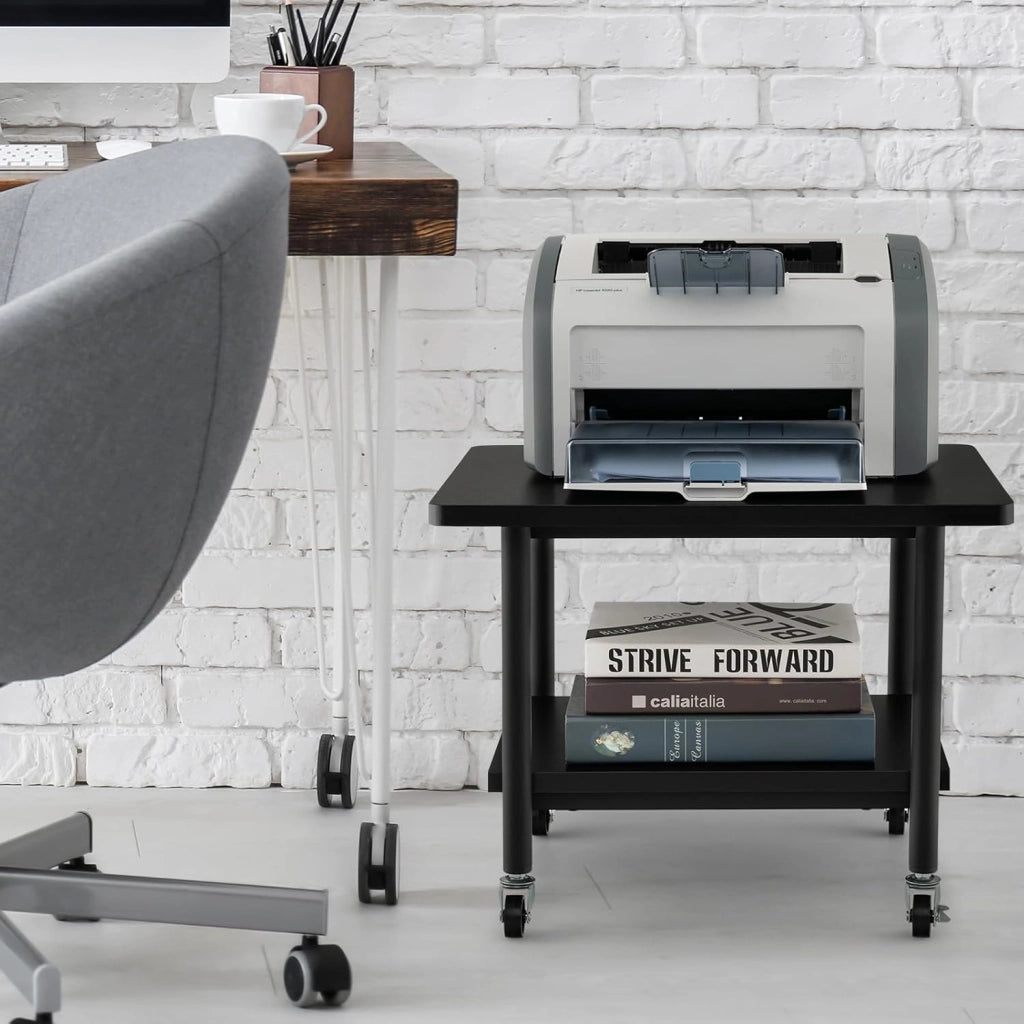 Carrello Stampante con 2 Ripiani, Mobile Ripiano per Stampante, Supporto per Stampant Girevole, Scaffale a 2 Livelli, Portaoggetti con Ruote, 3 Colori (Nero)