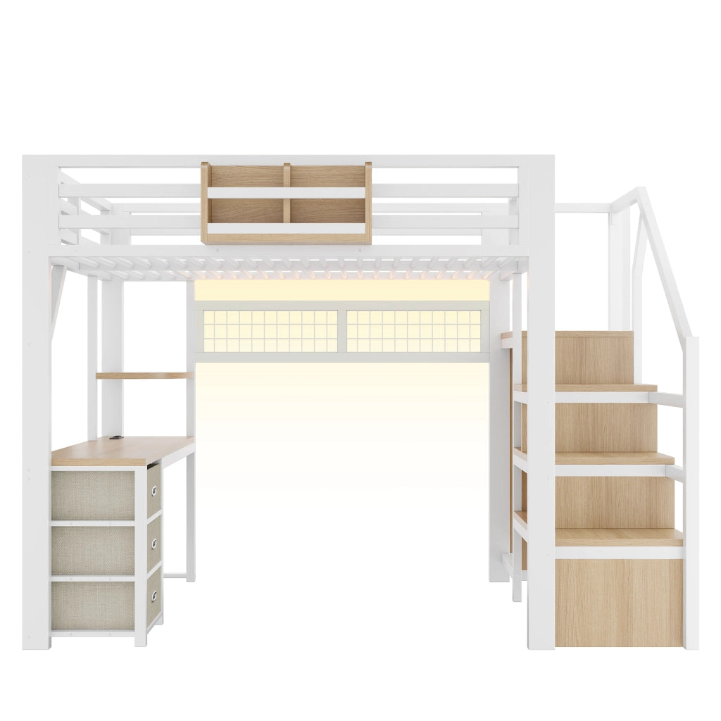 Letto a soppalco 140x200 cm con scrivania; 3 cassetti e LED in MDF e metallo bianco